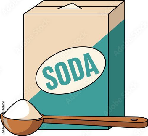 Baking soda cardboard box packaging with a wooden measuring spoon for kitchen baking ingredients household cleaning and pantry supplies.