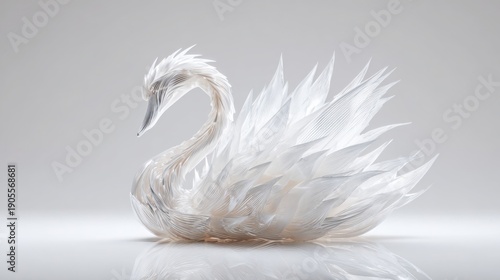 hyper realistic biotech swan, elegant form with semi transparent synthetic feathers, soft white background, harmony of nature and technology concept