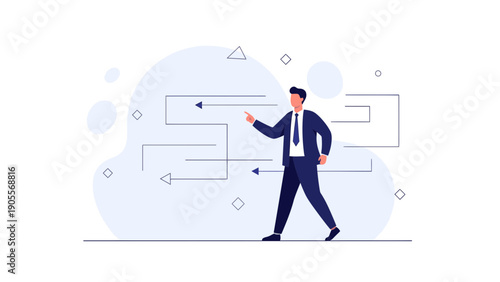 Businessman pointing at abstract strategy path, planning and decision making concept