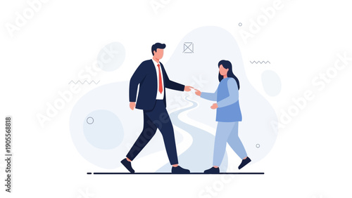 Business partners collaborating, sharing ideas on a winding path, teamwork concept