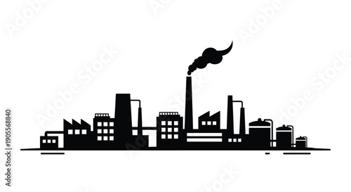 A stark black cityscape with industrial structures and smoke plumes forms a dramatic silhouette high quality professional detailed modern elegant stylish clean