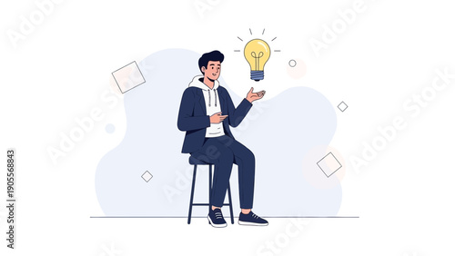 Man with Glowing Lightbulb Above Head, Concept of Idea Generation and Innovation