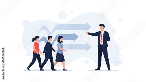 Business leader guiding team forward with arrows illustration