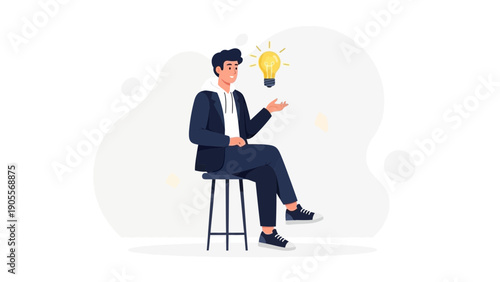 Man with Lightbulb Idea, Sitting on Stool, Business Concept