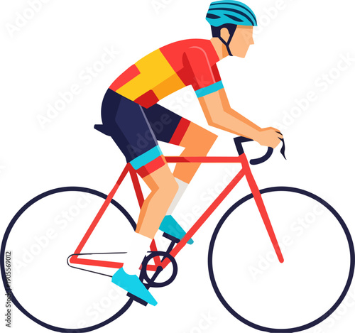 Man Riding Red Bicycle Down Roadside with Focus on Cycling Gear and Athletic Wear in a Profile View