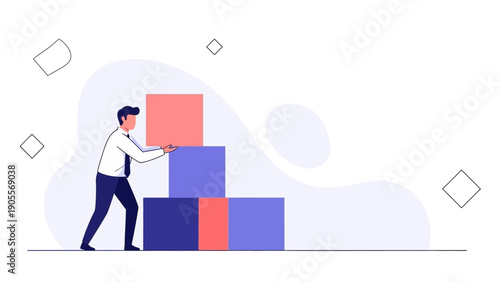 Businessman stacking blocks, building strategy concept, flat illustration