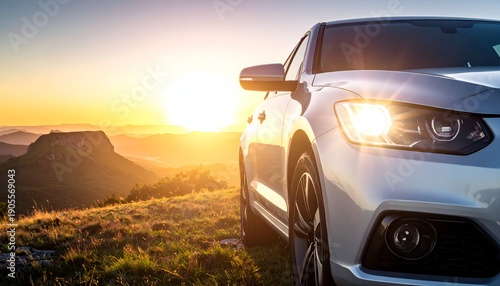 Silver car shines on grassy hill with a sunset backdrop and mountains in the distance