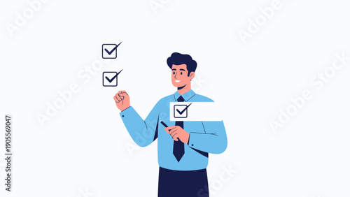 Businessman checking off tasks on a checklist, task management, planning, decision making