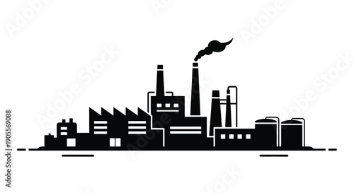 A stark black silhouette depicts an industrial complex with smokestacks releasing emissions a cityscape silhouette high quality professional detailed modern elegant stylish