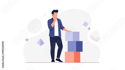 Man Thinking Next to Stacked Building Blocks, Decision Making Concept