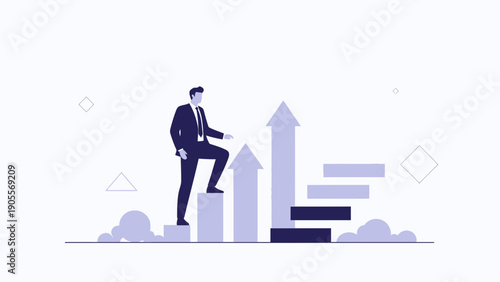 Businessman climbing stairs with upward arrows representing career growth and success