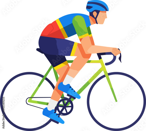 A cyclist riding a bicycle on a road, captured from a side viewpoint