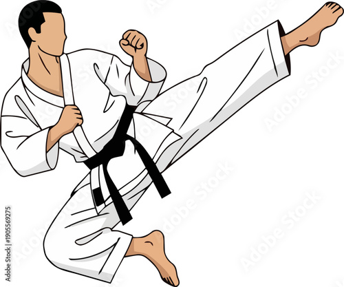 Martial artist in action kicking with a black belt, executing a martial arts technique with focus and precision, illustration style.