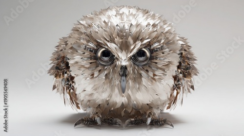 hyper realistic cyber owl, eyes glowing like optical sensors, layered metallic feathers, neutral studio background, artificial intelligence