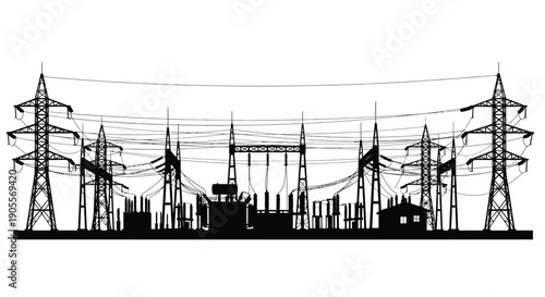 A stark black silhouette depicts a complex electrical power station with high voltage lines and towers silhouette high quality professional detailed modern elegant