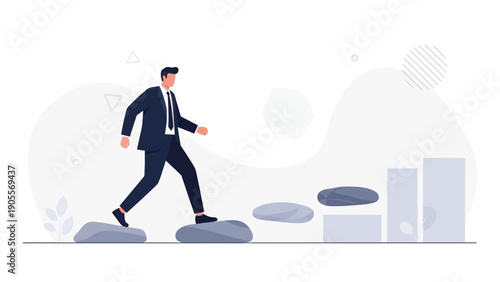 Businessman climbing stairs, stepping stones, achieving success, career growth concept