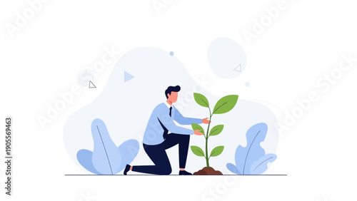 Businessman tending to a small plant, symbolizing growth, investment, and new beginnings.