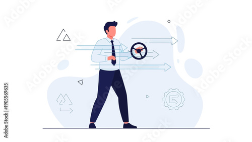 Businessman steering wheel, controlling business direction, leadership, strategy, forward motion