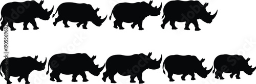Collection of black rhinoceros silhouettes in identical poses, wildlife animal illustration set for education, conservation, safari design projects, and creative graphic use