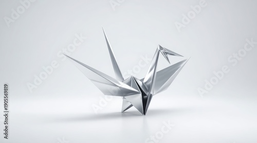 hyper realistic futuristic origami bird made of polished metal panels, sharp geometric lines, minimal white background, innovation and design