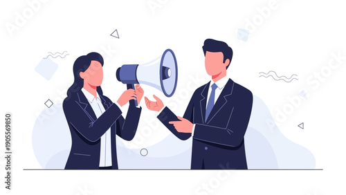 Business partners communicating with megaphone, teamwork and announcement concept