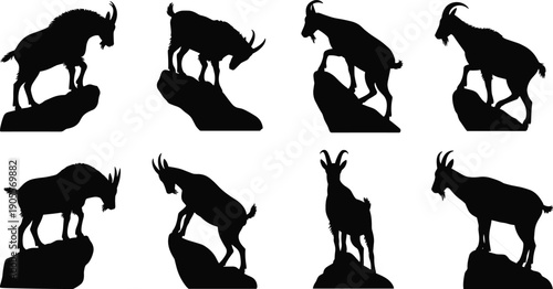Collection of mountain goat silhouettes on rocky cliffs, wildlife animal illustration set highlighting agility and strength for education, ecology, design, and creative projects