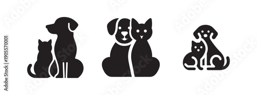 Dog and cat companions: adorable pet silhouettes sitting together, friendship, animal lovers vector icons