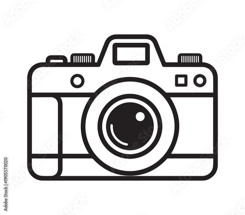 Simple black and white outline illustration of a vintage camera with a large lens.