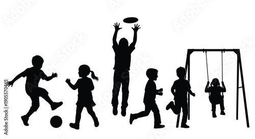Children playing outdoors with a frisbee ball and swing set in a dark silhouette high quality professional detailed modern elegant stylish clean