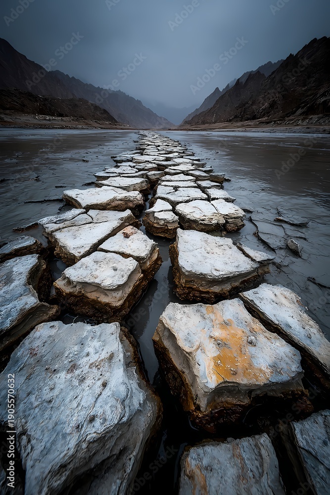 Fototapeta premium Dramatic deep cracks in parched earth with mountains under dark clouds