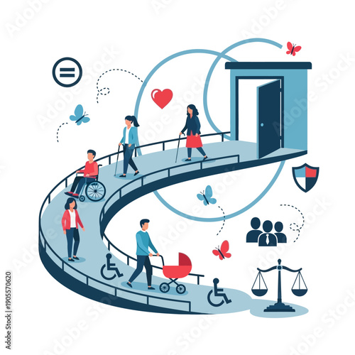 Inclusivity ramp leading diverse people towards opportunity and safety