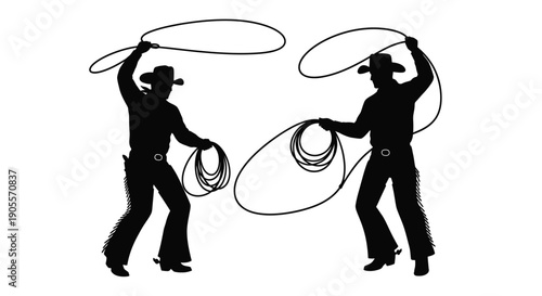 Two cowboys skillfully twirling lassos in a dynamic pose creating a striking western scene silhouette high quality professional detailed modern elegant stylish