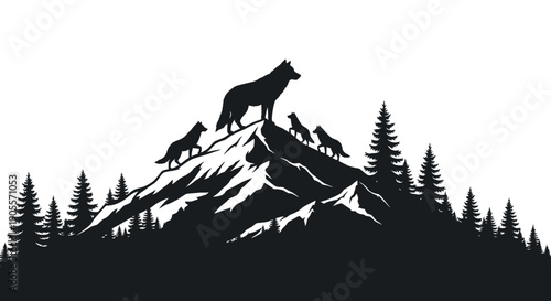 A pack of wolves stands proudly atop a mountain peak overlooking a dark forest silhouette high quality professional detailed modern elegant stylish