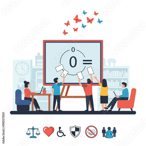 Team presenting achievements with focus on zero errors and collaboration at work