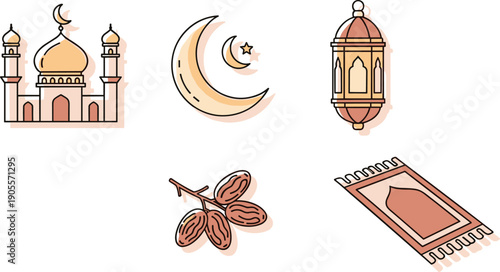 Ramadan icon set illustration, mosque crescent moon star, lantern prayer rug artwork, fasting dates vector, eid celebration design, islamic culture graphic