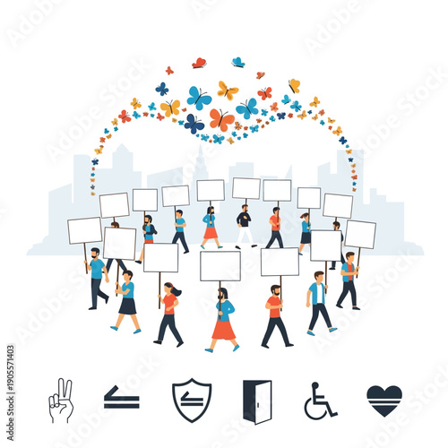 People marching with blank signs in a heart shape with butterflies flying above cityscape