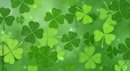 A vibrant green background with numerous four-leaf clovers scattered throughout, evoking a sense of luck and nature.