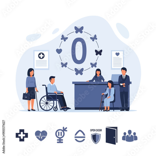 Reception area with diverse people, including disabled individuals, and healthcare symbols