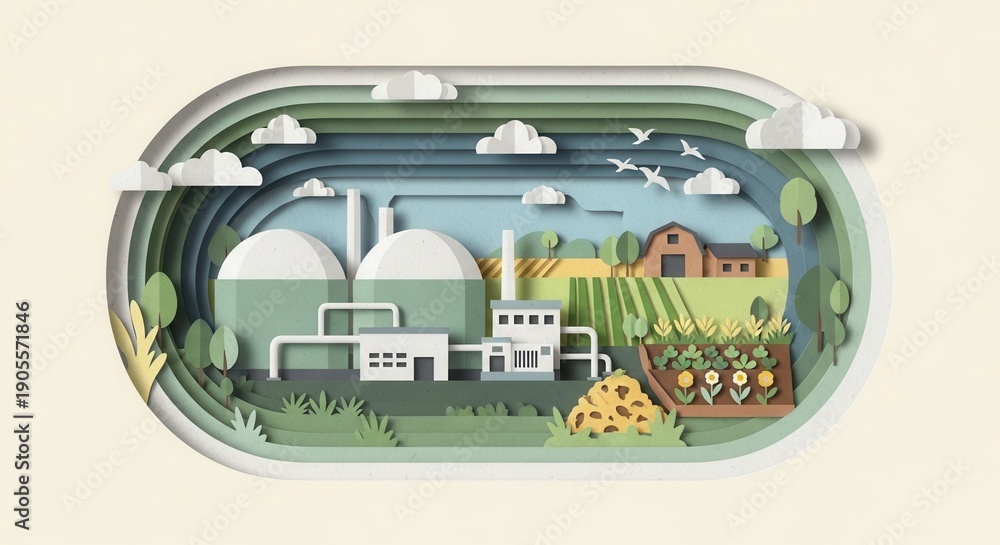 Obraz premium Paper cut layered scene of a green energy plant, farm, and cultivated fields. Blue sky with clouds and flying birds represents sustainable farming.