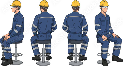 Illustration of construction workers seated from multiple perspectives