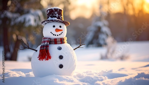 Smiling snowman with hat and scarf stands in a snowy field as the sun sets in the distance