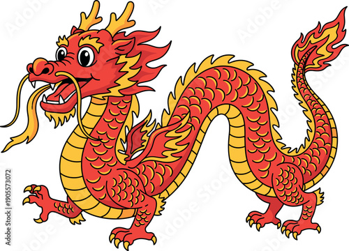 Traditional red and gold Chinese dragon illustration character for Lunar New Year festivals mythological folklore and Asian cultural