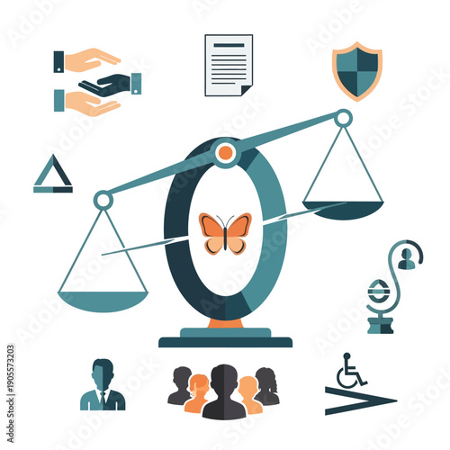 Law scales with butterfly and shield representing justice and equal rights