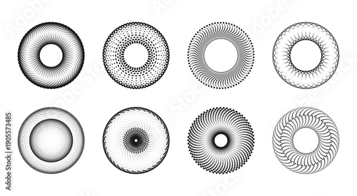 A collection of abstract optical circular frames featuring halftone dot gradients and spiral geometric curved lines in a scalable vector format. 