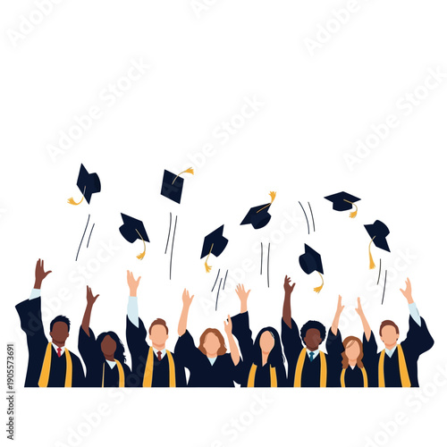 Group of graduates celebrating graduation tossing caps in air with joy and success