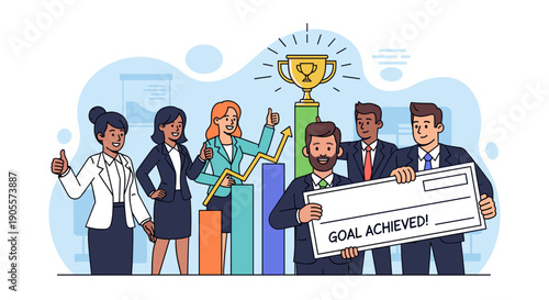 Business Team Achieving Goal with Trophy.