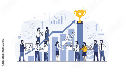 Business Professionals Standing Near Trophy and Charts.