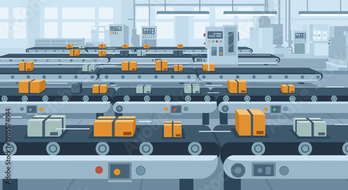 Conveyor Belt System with Orange Boxes.