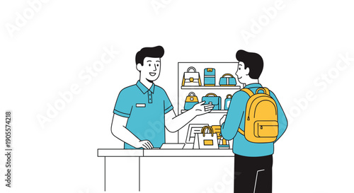 Illustration of customer receiving package from clerk.