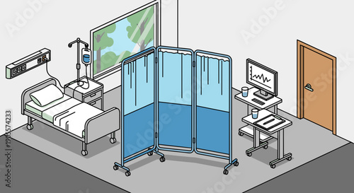 Hospital Room with Bed and Screen Divider.